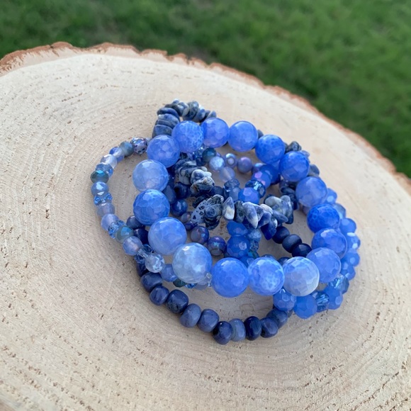 Natural Blue Agate & Kyanite Gemstone Mixed Smooth Round Bead Bracelet Stack - Picture 10 of 12